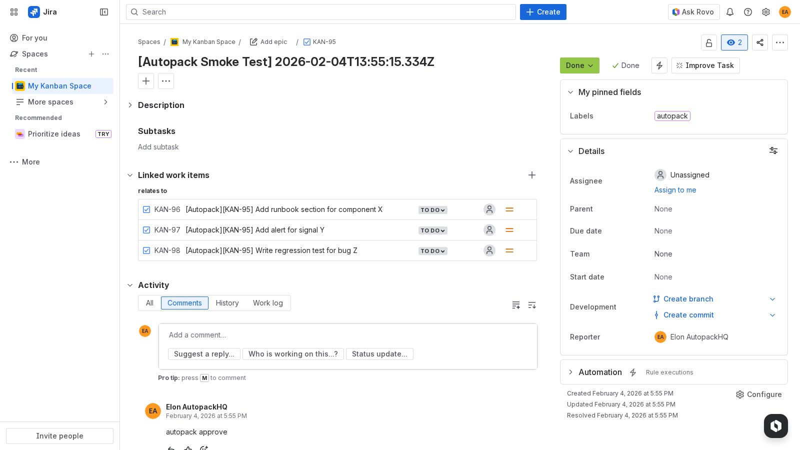Jira issue labels including autopack (placeholder)