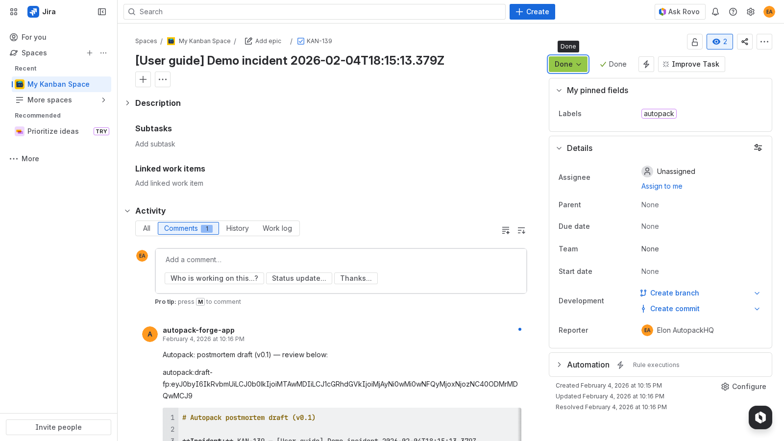Jira comment containing Autopack postmortem draft header (placeholder)