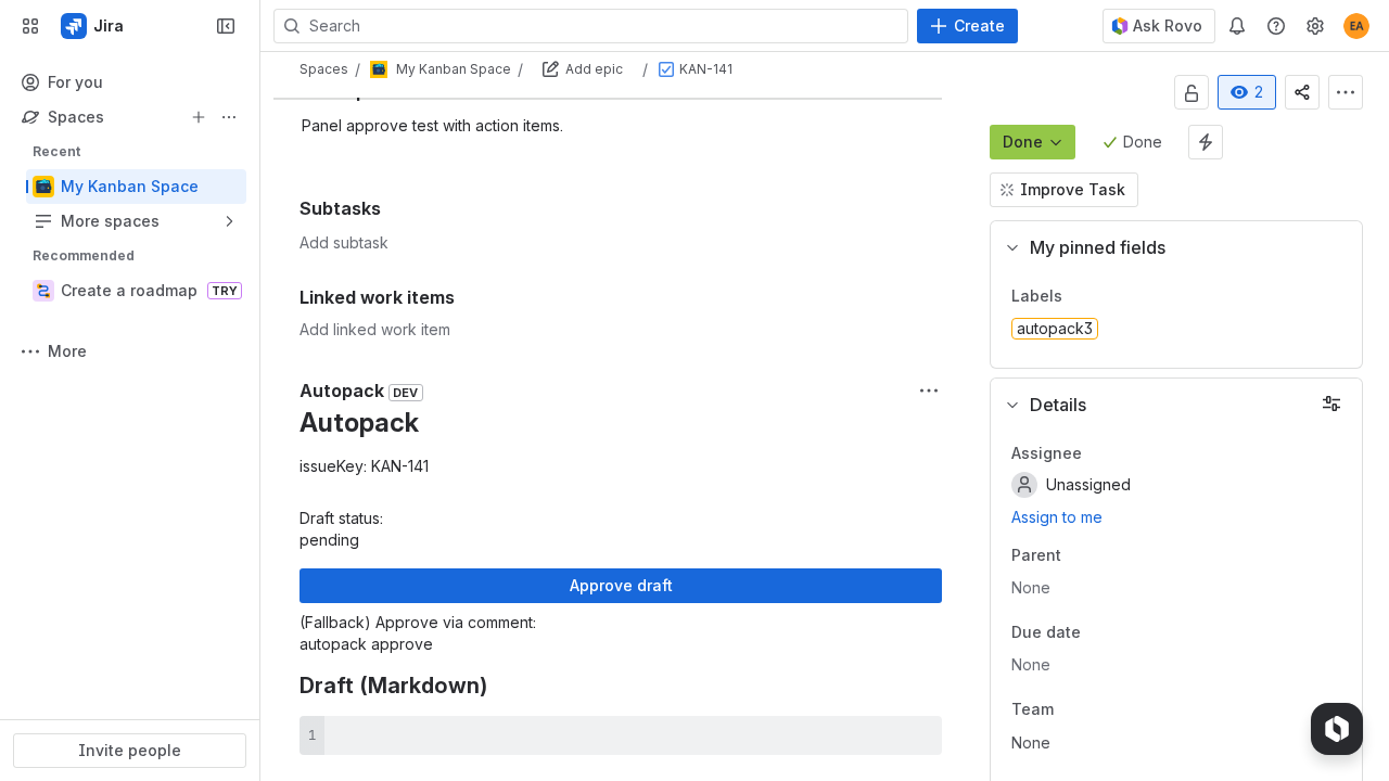 Autopack Jira issue panel showing the Approve draft button